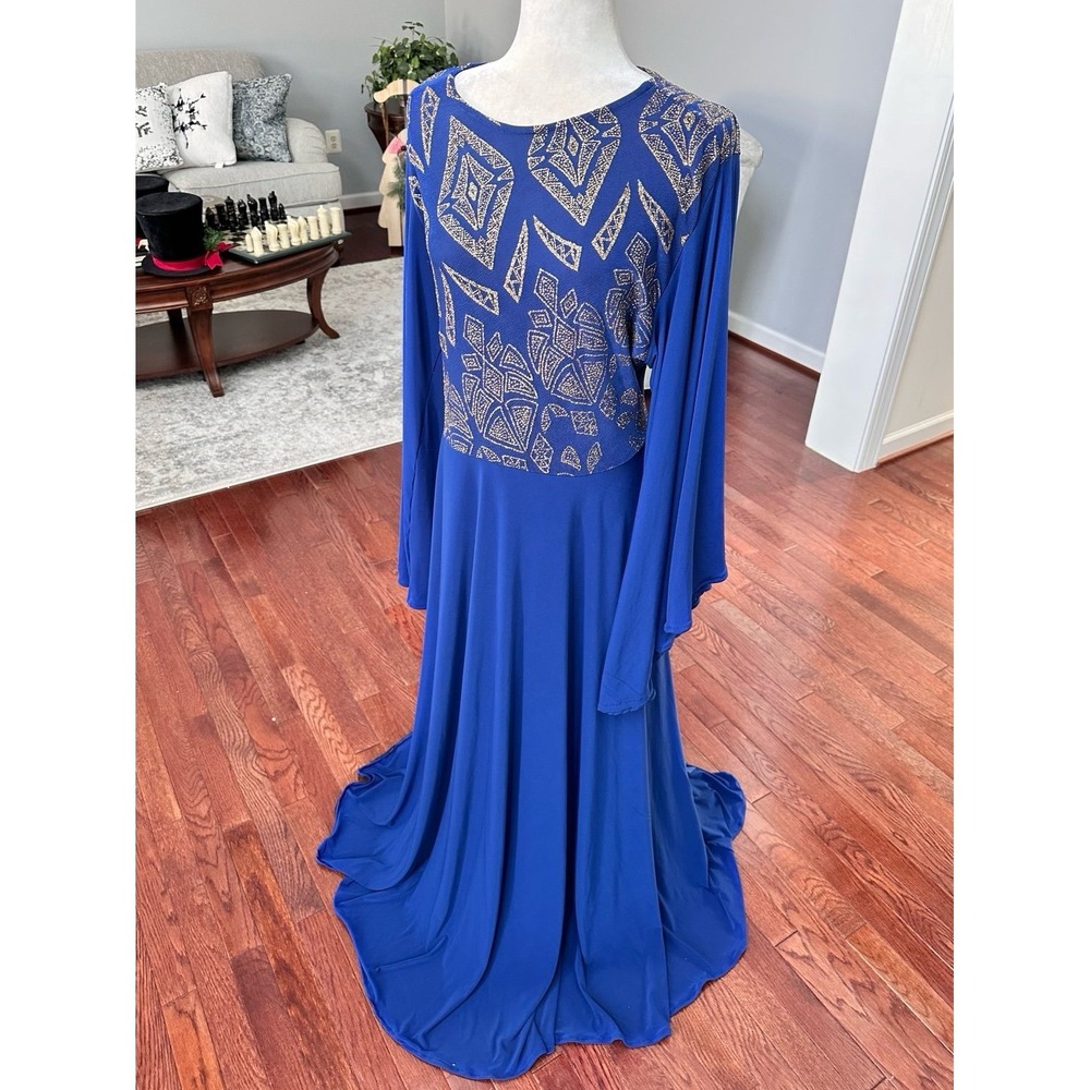 Handmade Bell Sleeve Blue Gold Glitter Unique Pattern Formal Gown Dress - Picture 9 of 12